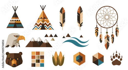Native american themed icons including teepees feathers dreamcatcher and animal representations set