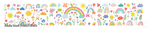 Crayon drawn kid doodle collection. Colorful childish elements like clouds, flowers, bows, rainbows and sun. Adorable girly doodle collection. Naive vector illustrations. Crayon drawn kid drawings