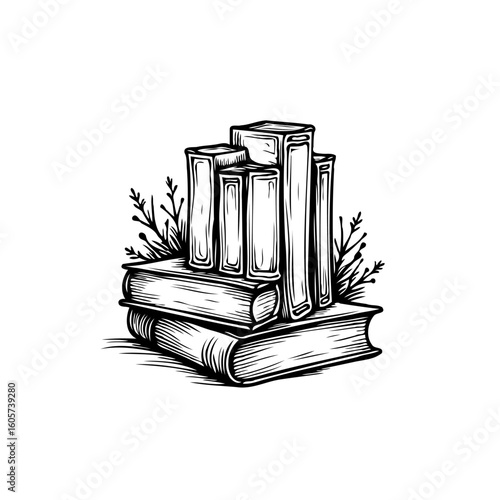 Whimsical stack of books with botanical accents illustration invites readers into literary worlds discovery