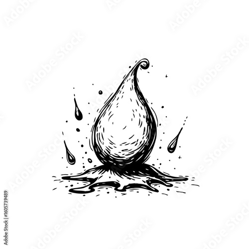 Abstract black and white ink splash illustration depicting organic growth and liquid dynamics with splatters