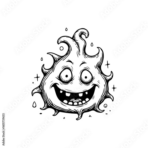 Whimsical cartoon monster with a toothy grin, hand-drawn in black and white illustration style expressing joy