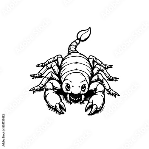 Cartoon scorpion illustration featuring detailed claws tail and a playful character on a white background image