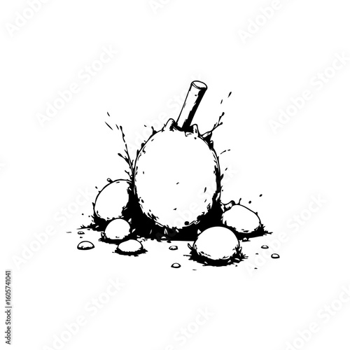 Monochrome artistic portrayal of an object submerged in a liquid generating splashes and small drops illustration art with vector design