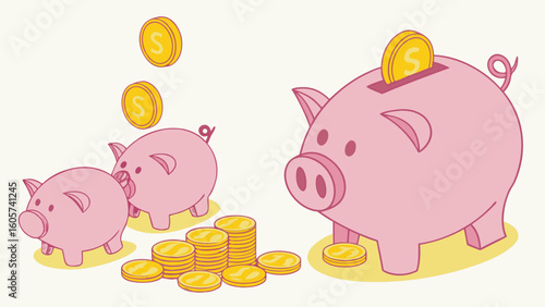 Playful Piggy Banks Surrounded by Coins Representing Savings and Wealth