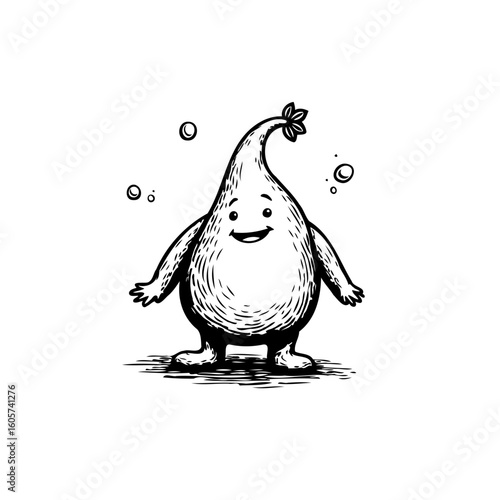 Cartoon droplet character with cheerful smile and outstretched arms on a white background representing purity and simplicity