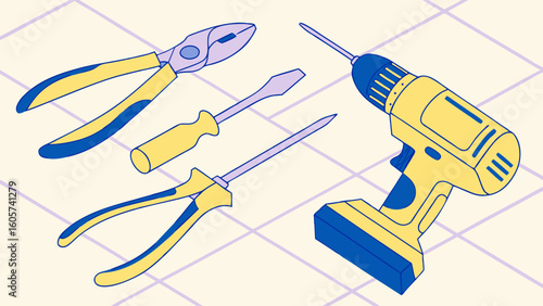 Set of Essential Hand Tools Including Pliers, Screwdriver and Electric Drill