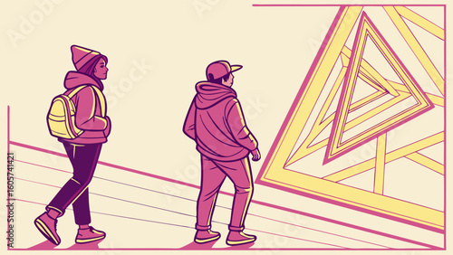 Two People Walking in Front of a Colorful Geometric Art Installation