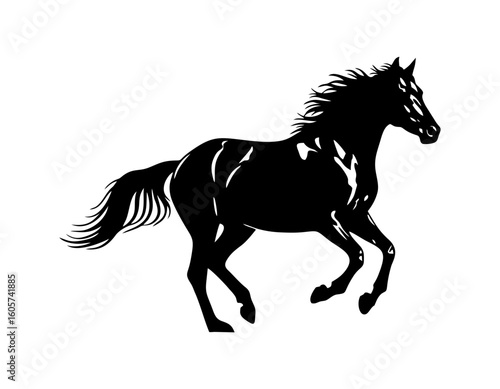 Silhouette of a horse galloping, monocolor dark brown style on white background