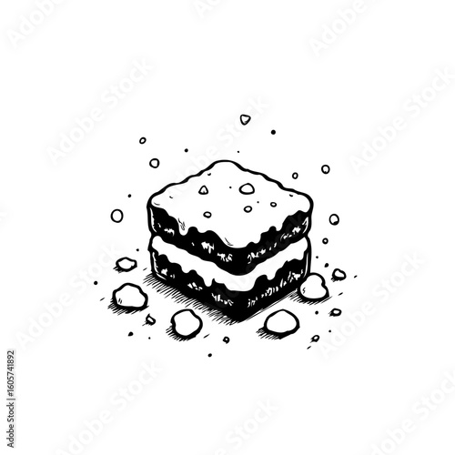 Delicious dessert drawing with powdered sugar, square dessert with filling, tasty food sketch, culinary art illustration