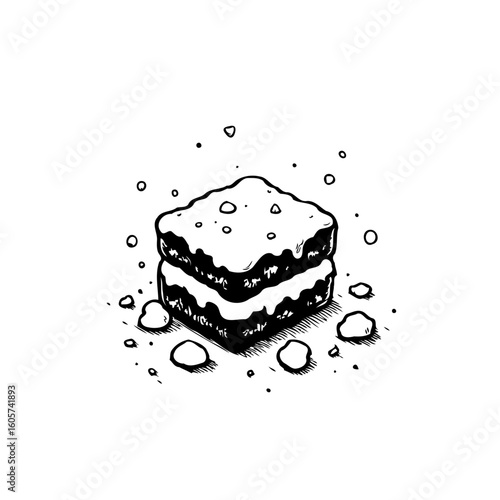 Monochrome sketch of brownie with frosting and surrounding dots and crumbs adds deliciousness to the artwork