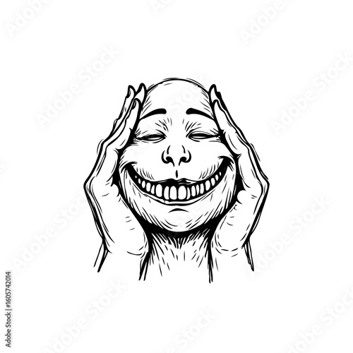 Disturbing illustration of a sinister grinning face with hands on head expressing unsettling madness and glee