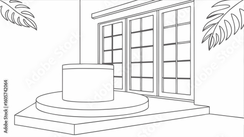 Minimalist Indoor Space Featuring Large Windows and Circular Platform with