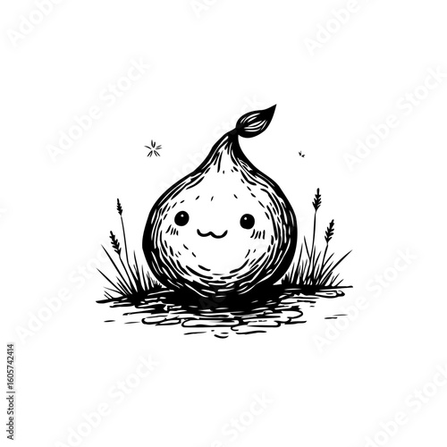 Cute cartoon character illustration in black and white line art on a transparent background, minimalistic drawing