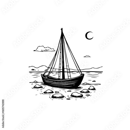 A minimalistic boat on calm water illustration depicting peaceful scenery with a serene lunar sky
