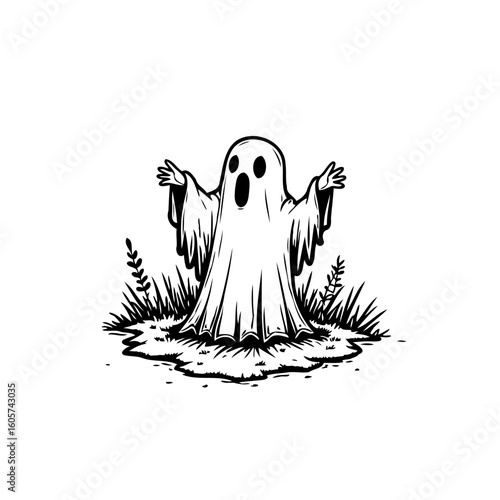 Spooky halloween ghost with grass vector illustration with a surprised expression on a halloween night