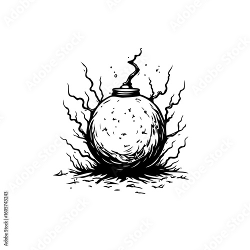 A monochrome illustration of a bomb, showcasing a blend of danger, impending explosion, and surreal artistry that captures attention