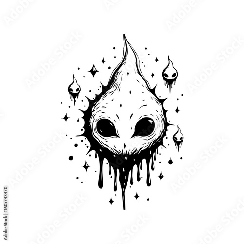 Abstract mystical being with dripping tears and floating ghost around it creating a surreal illustration style