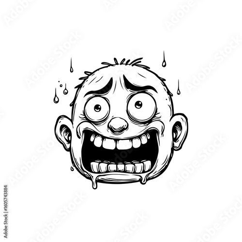 Expressive caricature illustration of a stressed individual with exaggerated facial features conveying overwhelming anxiety and discomfort