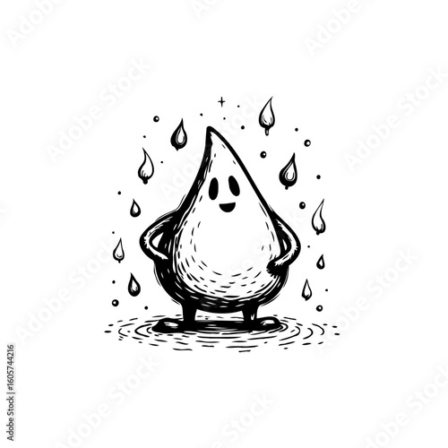 Illustration showcasing a cute anthropomorphic water droplet character amidst falling raindrops creating an appealing visual