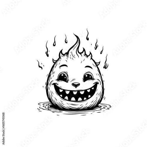 Whimsical halloween spirit a cartoonish creature grinning with flaming hair and a playful expression to enjoy