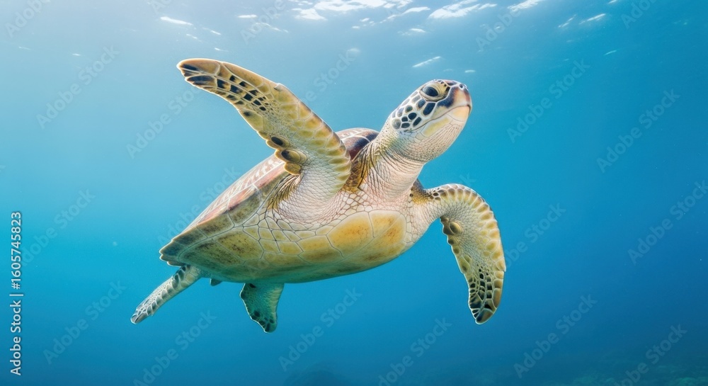 Obraz premium Graceful sea turtle glides through clear blue ocean waters with sunlight filtering from above