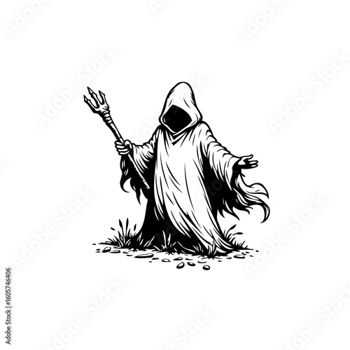 Creepy Grim Reaper holding a trident artistic black and white Illustration in dark art style perfect for halloween