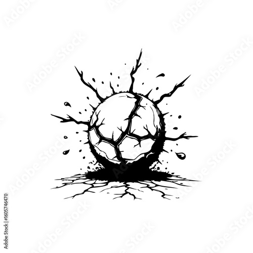 Cracked sphere with radiating spikes symbolizing destruction and underlying surface fissures with minimalist artistic design portraying aftermath
