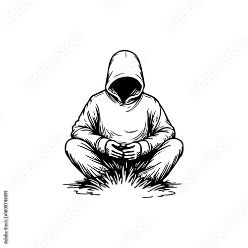 Eerie hooded figure sitting cross legged with hidden face conveying mystery and anonymity in black and white