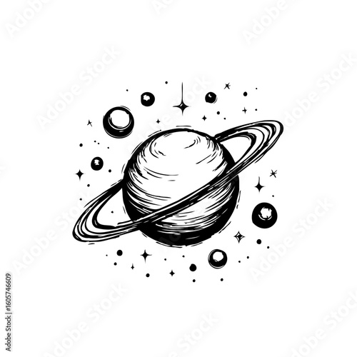 Elegant celestial saturn sketch with rings surrounded by stars and orbiting moons in detailed illustration
