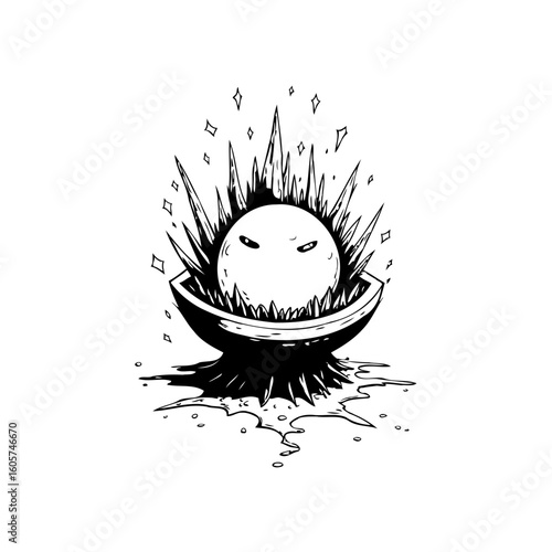 Mysterious orb with piercing gaze radiating spiky energy illustration in black and white artful bowl