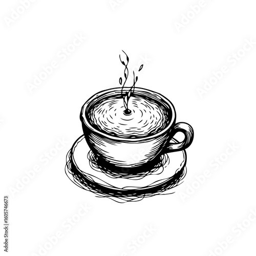 Hand drawn coffee cup illustration showcasing steam and artistic detail for cafe decor or culinary projects