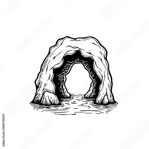 Monochrome sketch illustration depicting a cave entrance along a body of water with unique rock formations and texture