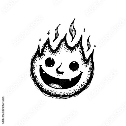 Cartoon fire character with a cheerful face illustration emitting heat and light in graphic style