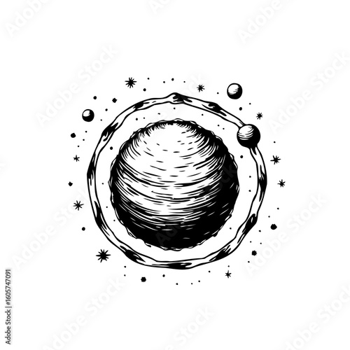 Whimsical black and white line art depicting a celestial body surrounded by stars and satellites in space