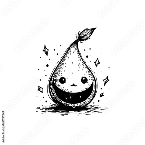 Whimsical Smiling Fruit Character with Leaf and Sparkling Embellishments in Black and White Sketch