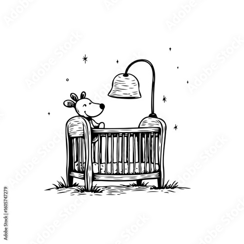 Infant bed with a lamp and a stuffed dog drawing a cute bedtime illustration art