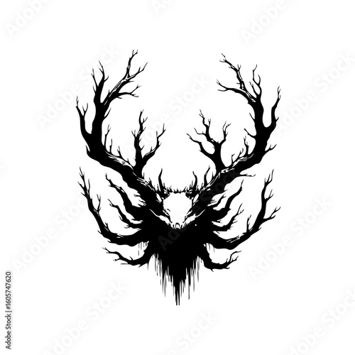 Mystical stag silhouette with tree branches evoking a woodland spirit in black and white minimalist design