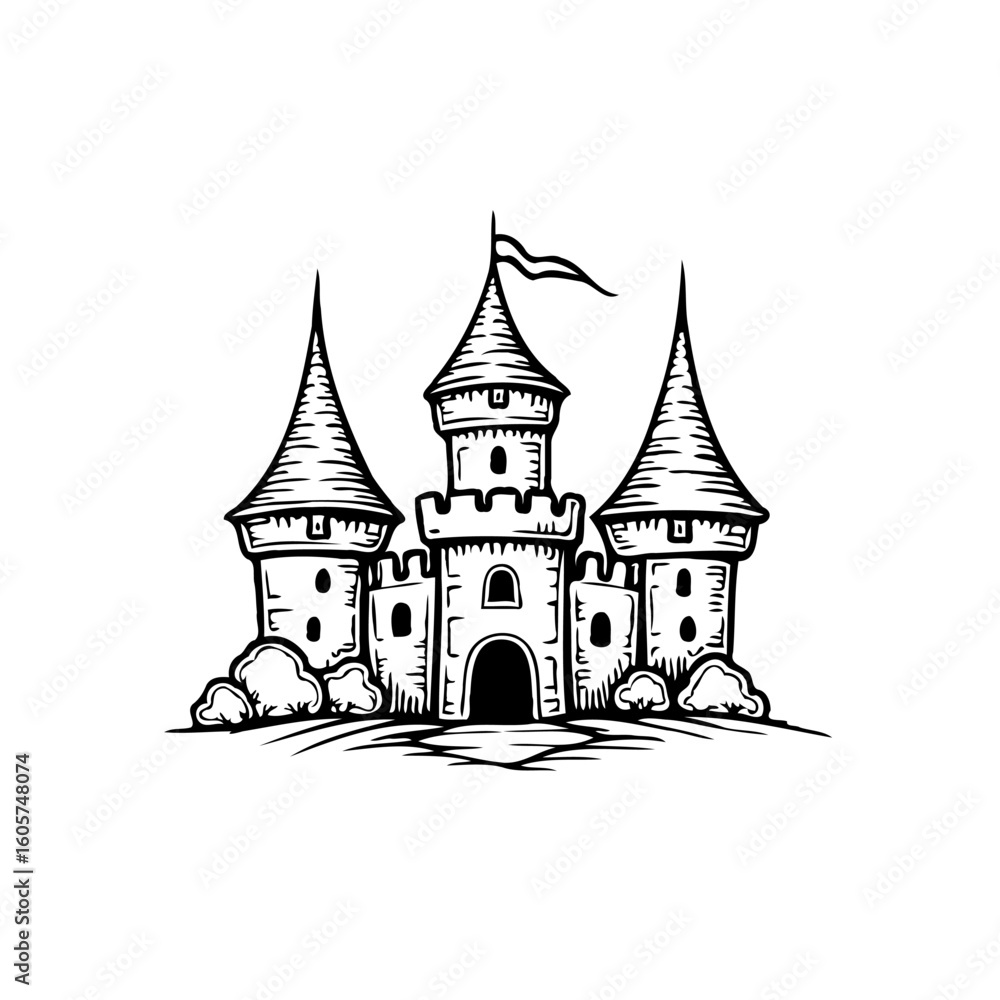 Obraz premium Detailed illustration of a medieval castle with towering spires and fluttering flag conveying timeless grandeur and strength