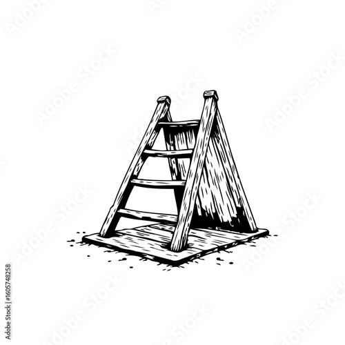 Simple vintage hand drawn illustration of a rustic wooden ladder on a platform in black and white