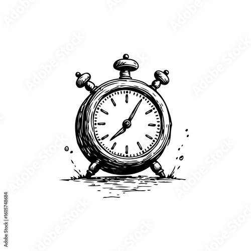 Vintage alarm clock illustration reminiscent of an old fashioned hand drawn style with time keeping theme