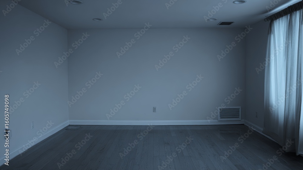 Obraz premium Empty room with white walls and gray wooden floor.