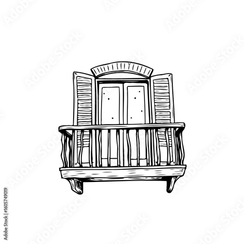Elegant black and white illustration of a vintage balcony with ornate details a timeless charm architecture