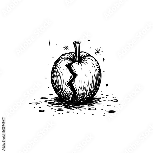 Unique cracked apple illustration, symbolizing imperfection, with artistic flair and black and white aesthetic for graphic design projects