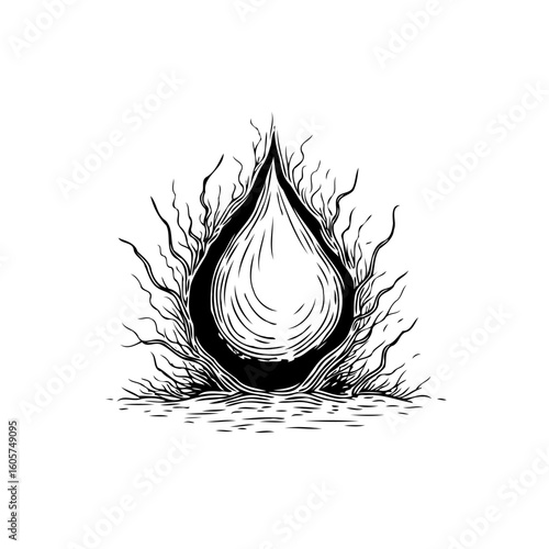 Stylized depiction of a teardrop shape with intricate line art and natural elements surrounding it