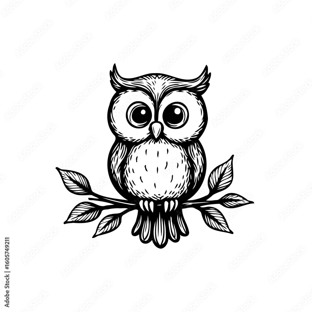 Fototapeta premium Stylized owl illustration perched on a branch with leaves conveying nature and wildlife representation art vector black and white