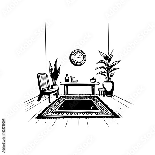 Elegant monochrome sketch of a cozy interior showcasing plants, furniture, and a decorative rug enhancing the scene
