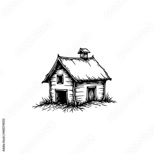 Rustic cabin sketch with vintage charm evokes sense of simple living and rural atmosphere, peaceful retreat