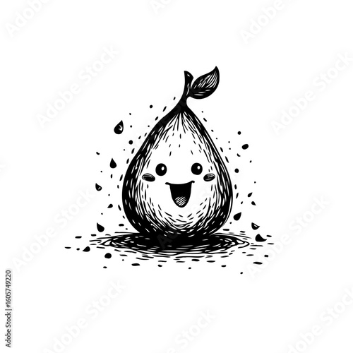 Cute hand drawn pear character illustration with smiling face and leaf, black and white sketch