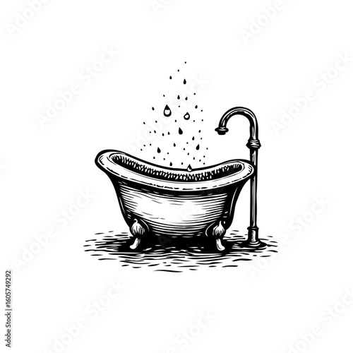 Elegant vintage bathtub drawing with water droplets showcasing relaxation and cleanliness perfect for bathroom designs or wellness products illustration
