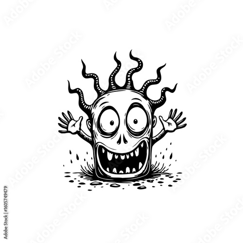 A whimsical creature illustration displays a black and white cartoon monster with goofy expression in a playful design
